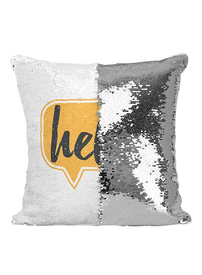Buy Hello Sequined Throw Pillow polyester Silver/White/Yellow 16x16inch in UAE