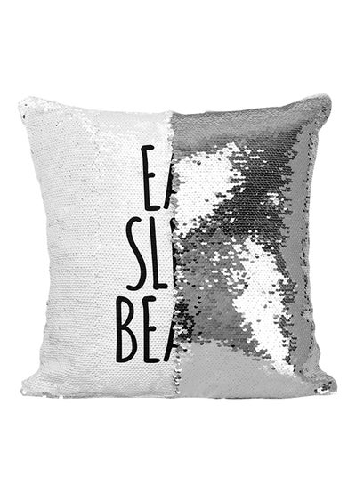 Buy Eat Sleep Beach Sequined Throw Pillow Silver/Black/White 16x16inch in Saudi Arabia