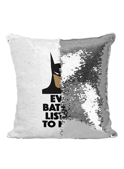 Buy Even Batman Listens To Mom Sequined Throw Pillow Silver/White/Black 16x16inch in UAE