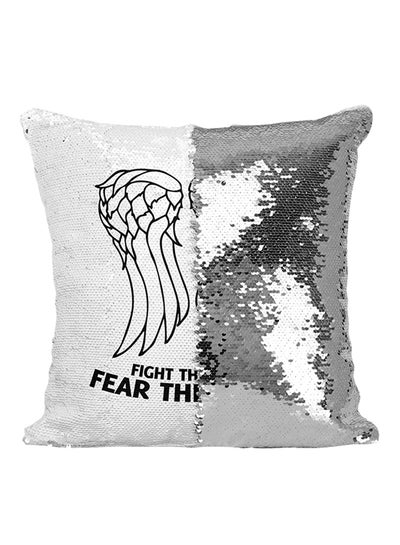 اشتري Fight The Dead Fear The Living Sequined Throw Pillow Polyester Silver/White/Black 16x16inch في الامارات