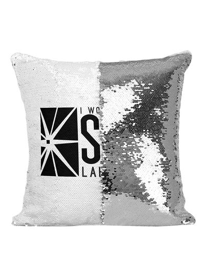 Buy I Work At Star Laboratories Sequin Throw Pillow Silver/White/Black 16x16inch in UAE