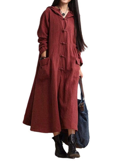 Buy Vintage Long Sleeve Midi Cotton Dress Burgundy in Saudi Arabia