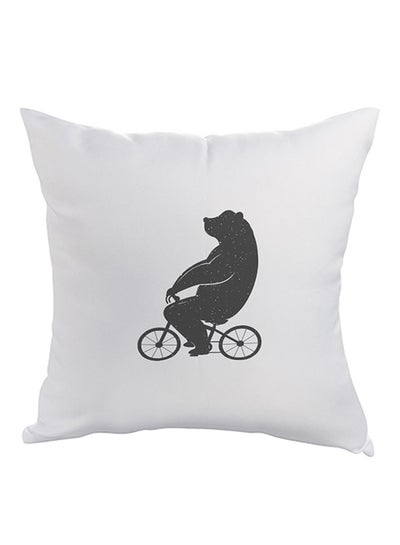 Buy Bear Driving A Bicycle Printed Pillow White/Black 40x40cm in Saudi Arabia