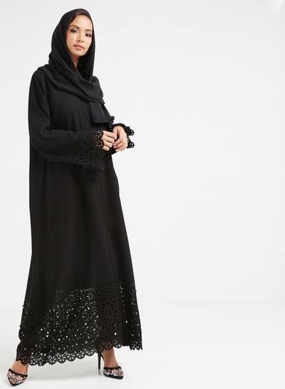 Buy Crochet Knit Detailed Abaya Black in UAE