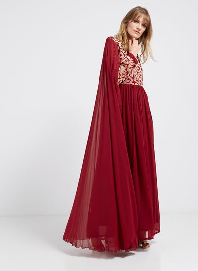 Buy Flared Hemline Long Sleeves Maxi Dress Maroon/Gold in UAE