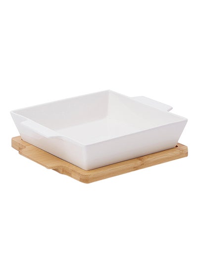 Buy Square Plate With Bamboo Tray White/Brown 26centimeter in Saudi Arabia