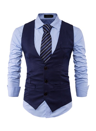 Buy Solid Single Row Three Button Waistcoat Navy in UAE