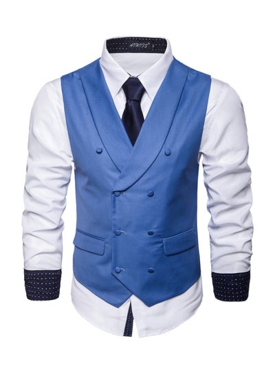 Buy Solid Double-breasted Business Waistcoat Blue in Saudi Arabia