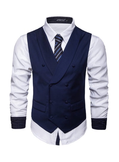 Buy Solid Double-breasted Business Waistcoat Navy in Saudi Arabia