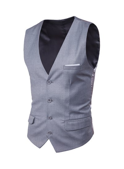 Buy Solid Sleeveless Business Waistcoat Grey/Silver in UAE