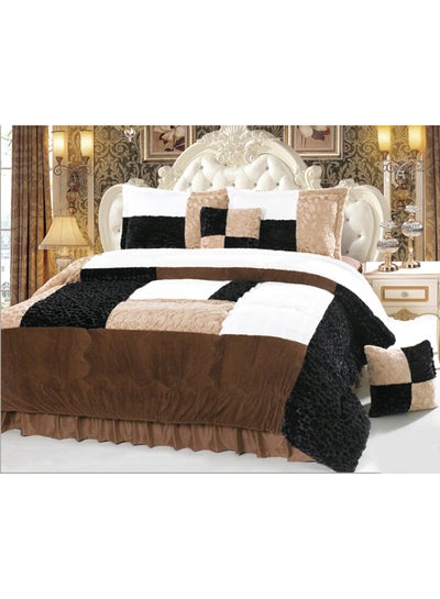 Buy 6-Piece Velour Comforter Set Velvet Brown/White/Black King in UAE