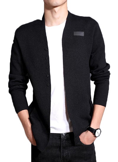 Buy Solid Long Sleeve Casual Knitwear Coat Black in UAE