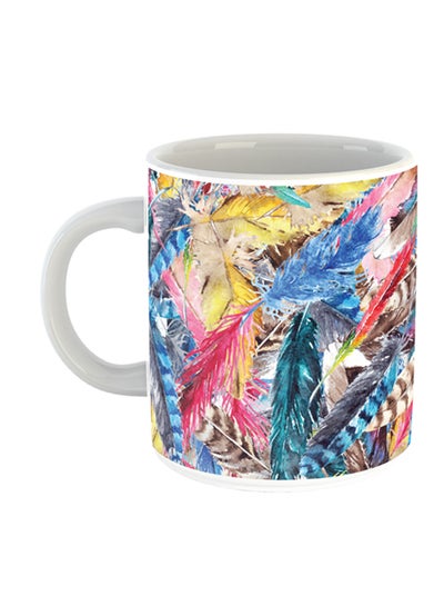 Buy Colourful Feathers Printed Coffee Mug White/Pink/Blue in UAE