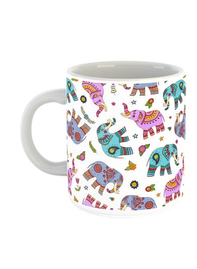 Buy Elephant Doodle Printed Coffee Mug White/Pink/Blue in UAE