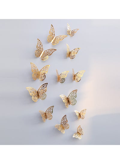 Buy 12-Piece 3D Hollowed-Out Butterfly Wall Stickers Gold 8x4centimeter in UAE