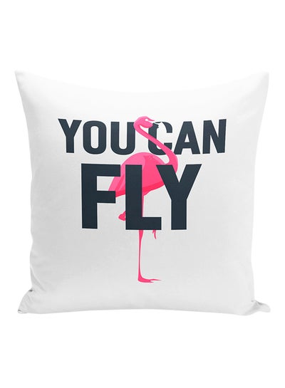 Buy You Can Fly Flamingo Printed Decorative Pillow White/Pink/Black 16x16inch in UAE