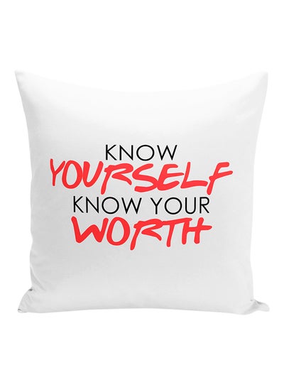 Buy Know Your Self Know Your Worth Motivational Inspirational Quote Printed Decorative Pillow White/Black/Red 16x16inch in UAE