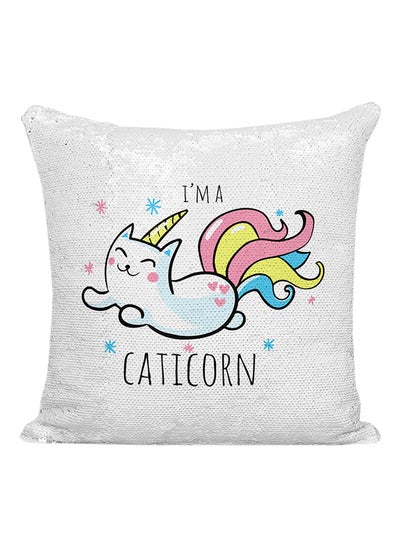 Buy I Am A Caticorn Sequined Polyester Decorative Pillow Silver/White/Black 16x16inch in UAE