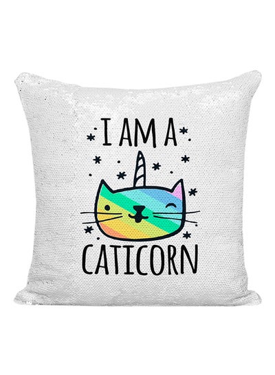 Buy I Am A Caticorn Sequined Pillow Silver/White/Black 16x16inch in UAE