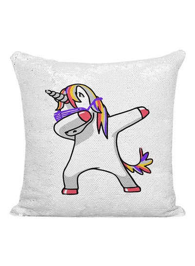 Buy Dancing Unicorn Funny Witty Mood Sequined Decorative Pillow Silver/White/Pink 16x16inch in UAE