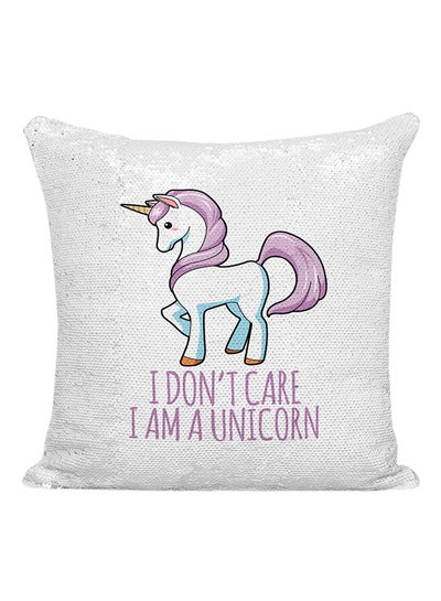 Buy I Don't Care I Am A Unicorn Sequined Decorative Pillow polyester Silver/White/Purple 16x16inch in UAE