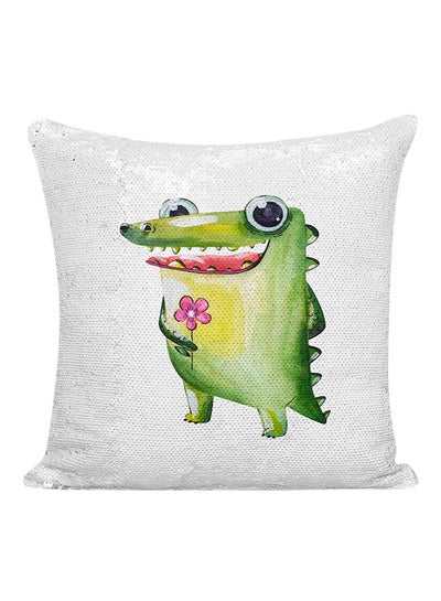 Buy Aligator Cartoon Sequined Pillow White/Silver/Green 16x16inch in UAE