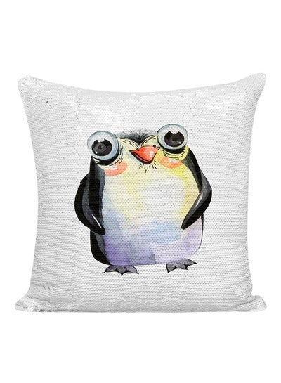 Buy Cartoon Penguin Sequined Pillow Polyester White/Silver/Black 16x16inch in UAE