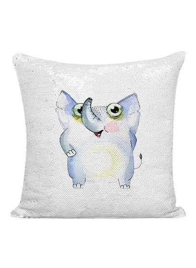 Buy Elephant Cartoon Sequined Pillow White/Silver/Blue 16x16inch in UAE