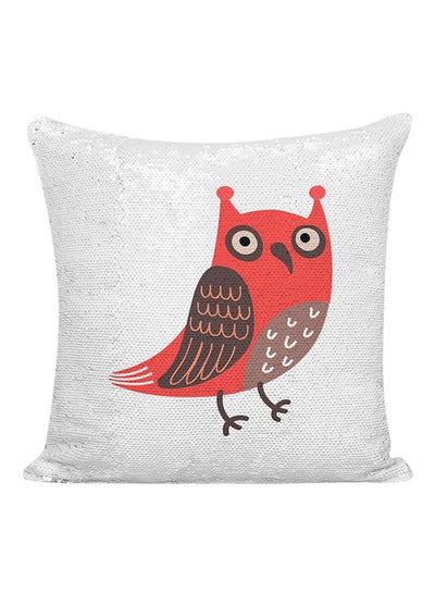 Buy Owl Cartoon Sequined Pillow Polyester White/Silver/Red 16x16inch in UAE