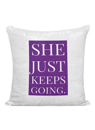 Buy She Just Keeps Going Sequined Pillow White/Silver/Purple 16x16inch in UAE