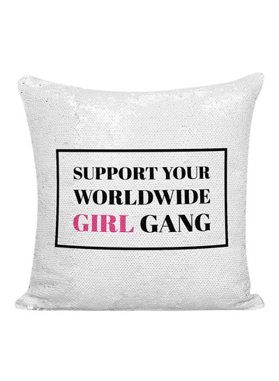 اشتري وسادة زينة مطرزة بالترتر مطبوع عليها العبارة التحفيزية "Support Your World Wide Girls Gang" أبيض\فضي\أسود 16x16 بوصة في الامارات