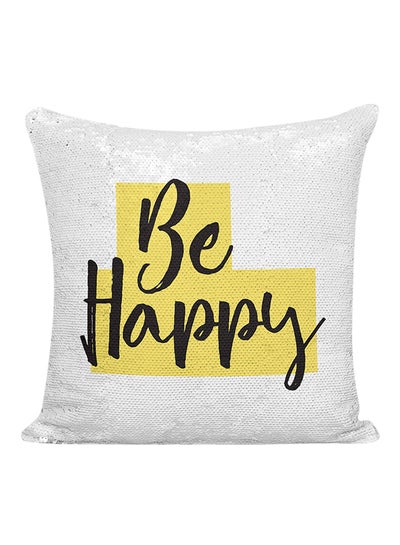 Buy Be Happy Sequineded Pillow White/Black/Yellow 16x16inch in UAE