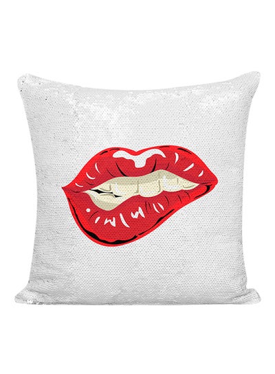 Buy Lips Sequineded Pillow White/Silver/Red 16x16inch in UAE