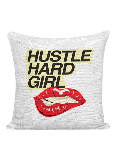 Buy Hustle Hard Girls Sequineded Pillow Yellow/White/Red 16x16inch in UAE