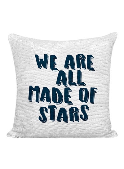 اشتري وسادة مزينة بالترتر ونمط مطبوع لعبارة "We Are All Made Of Stars" أبيض/أزرق 16x16 بوصة في الامارات