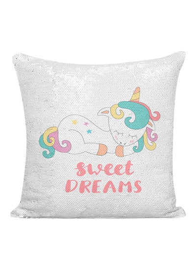 Buy Sweet Dreams Printed Sequined Pillow polyester White/Pink/Green 16x16inch in UAE
