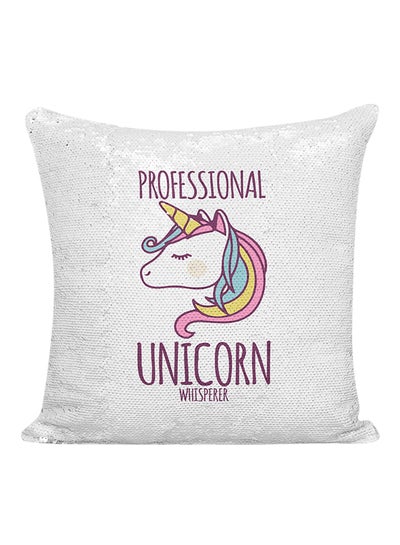 Buy Professional Unicorn Whisperer Sequined Pillow White/Silver/Purple 16x16inch in UAE