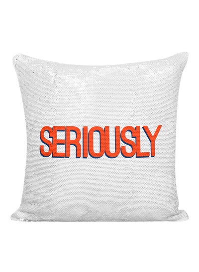 Buy Seriously Expression Annoyed Printed Sequined Pillow White/Orange/Blue 16x16inch in UAE