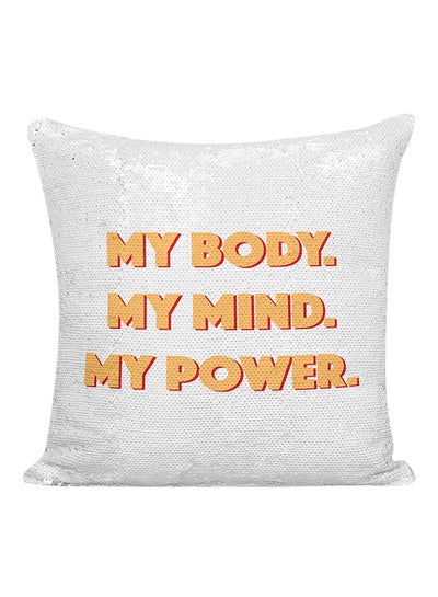 Buy My Body My Mind My Power Sequined Pillow White/Yellow/Red 16x16inch in UAE