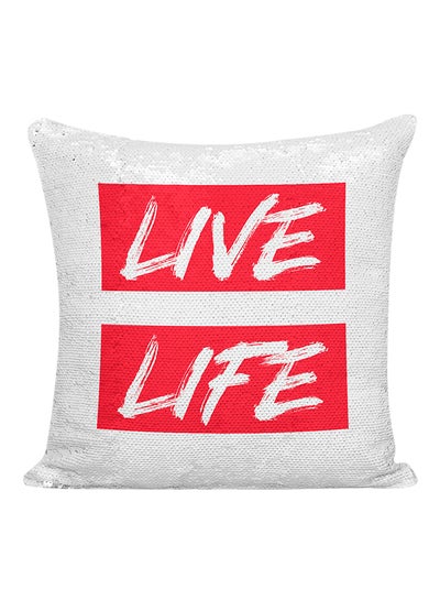 Buy Live Life Sequined Pillow White/Red/Silver 16x16inch in UAE