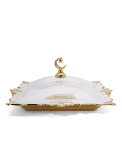 Buy Ceramic Tray With Lid White/Gold/Clear in UAE