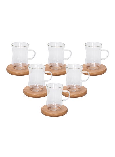 Buy 12-Piece Glass Cup And Saucer Set Clear/Brown in Saudi Arabia