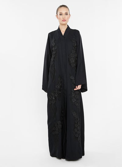 Buy Floral Lace Detailing abaya Black in UAE