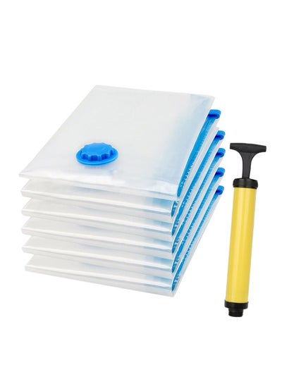 Buy 6-Piece Vacuum Reusable Sealer Storage Bag With Suction Pump Clear/Blue 60x80cm in Egypt