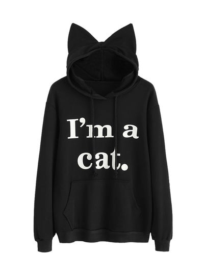 اشتري Cat Ear Letter Print Long Sleeve Casual Hoodie Black في الامارات