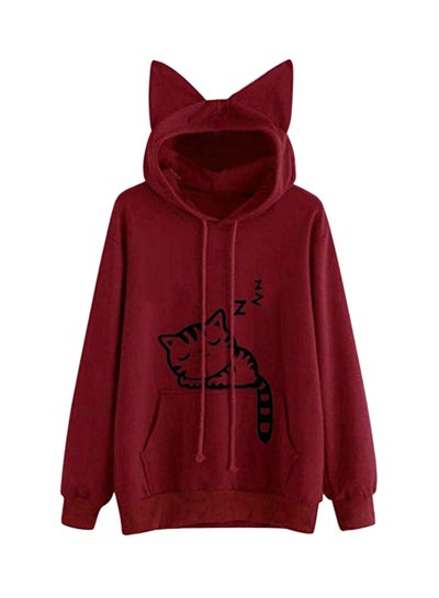 Buy Cat Print Long Sleeves Front Pocket Hoodie Red in UAE