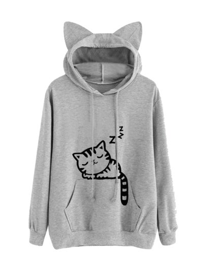 اشتري Cat Print Long Sleeves Front Pocket Hoodie Grey في الامارات