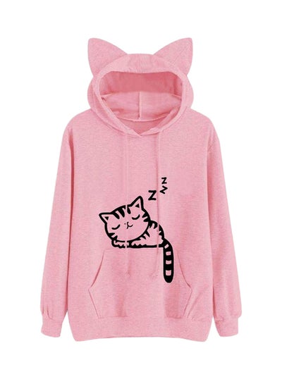 Buy Cat Printed Hooded Neck Kawaii Cat Ear Long Sleeve Sweatshirt Pink in UAE