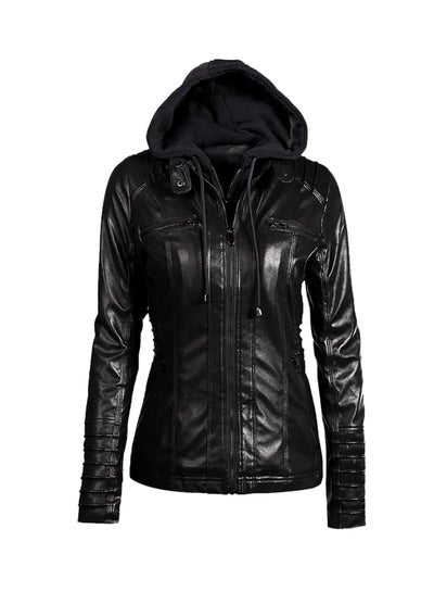 Buy Faux Leather Hooded Neck Zippered Jacket Black in UAE