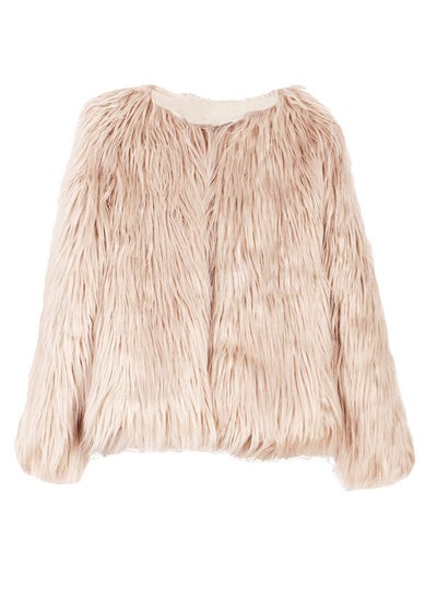 اشتري Solid Faux Fur Long Sleeve Short Jacket بيج في الامارات